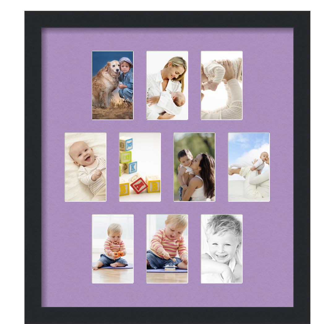 Collage Picture Frame, Satin Black Frame with 10 openings for 3x5 photos with Pink Lavender Mist Mat. D3926FU1020, ArtToframes