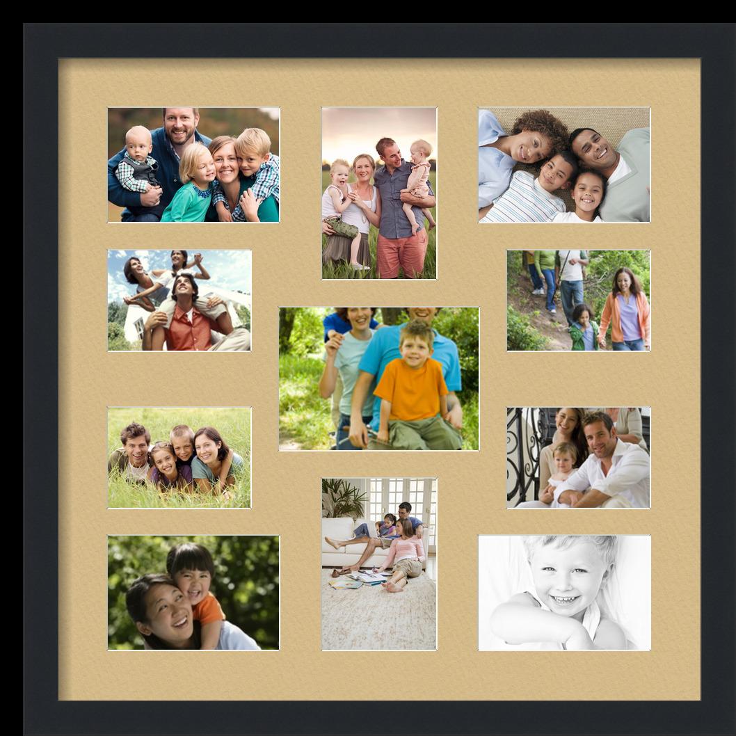 Collage Picture Frame, Satin Black Frame with 11 openings for 5x7 photos with Brown Autumn Gold Mat. D3926ED1029, ArtToframes