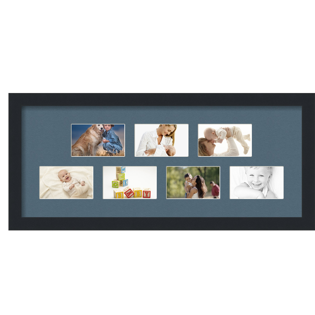 Collage Picture Frame, Satin Black Frame with 7 openings for 3x5 photos with Dutch Blue Mat. D3926FE1030, ArtToframes