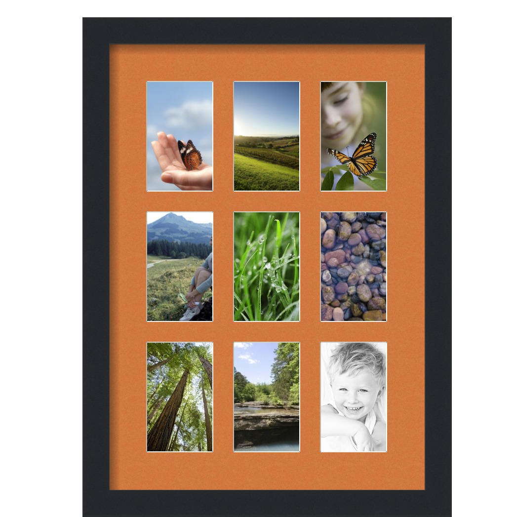 Collage Picture Frame, Satin Black Frame with 9 openings for 3x5 photos with Orange Octoberfest Mat. D3926DP1046, ArtToframes