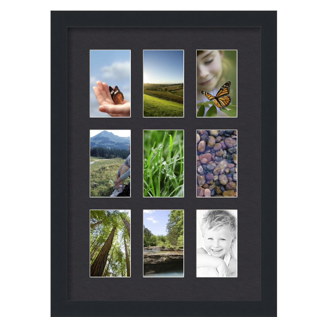 Collage Picture Frame, Satin Black Frame with 9 openings for 3x5 photos with Black Mat. D3926U1046, ArtToframes