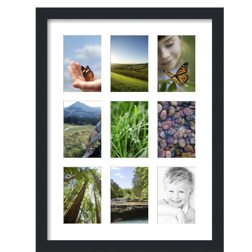 Collage Picture Frame, Satin Black Frame with 9 openings for 4x6 photos with White Crisp Mat. D3926IK1047, ArtToframes