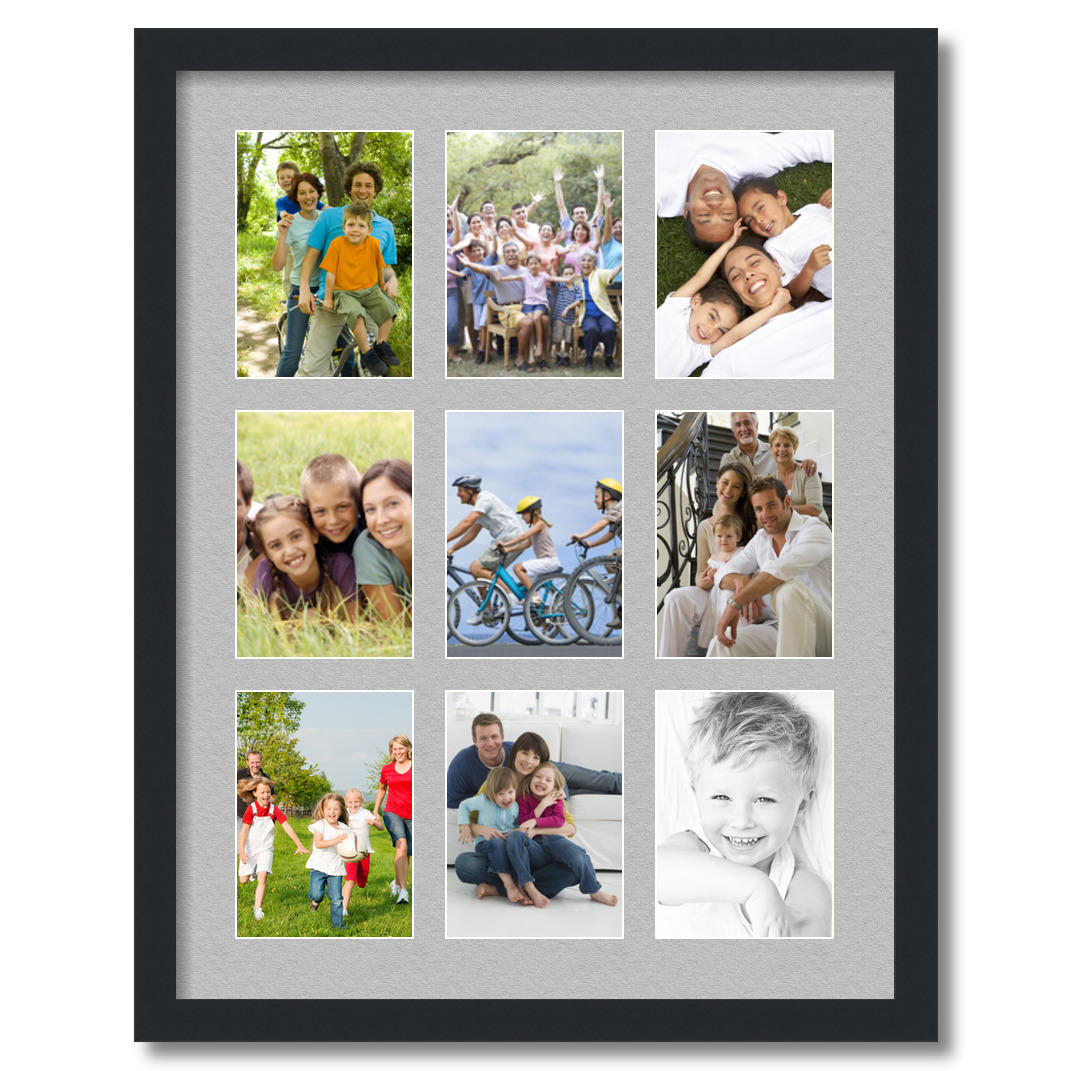 Collage Picture Frame, Satin Black Frame with 9 openings for 5x7 photos with TV Grey Mat. D3926ET1048, ArtToframes