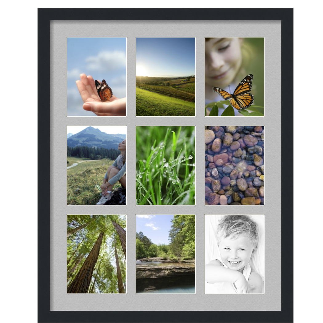 Collage Picture Frame, Satin Black Frame with 9 openings for 6x8 photos with TV Grey Mat. D3926ET1049, ArtToframes