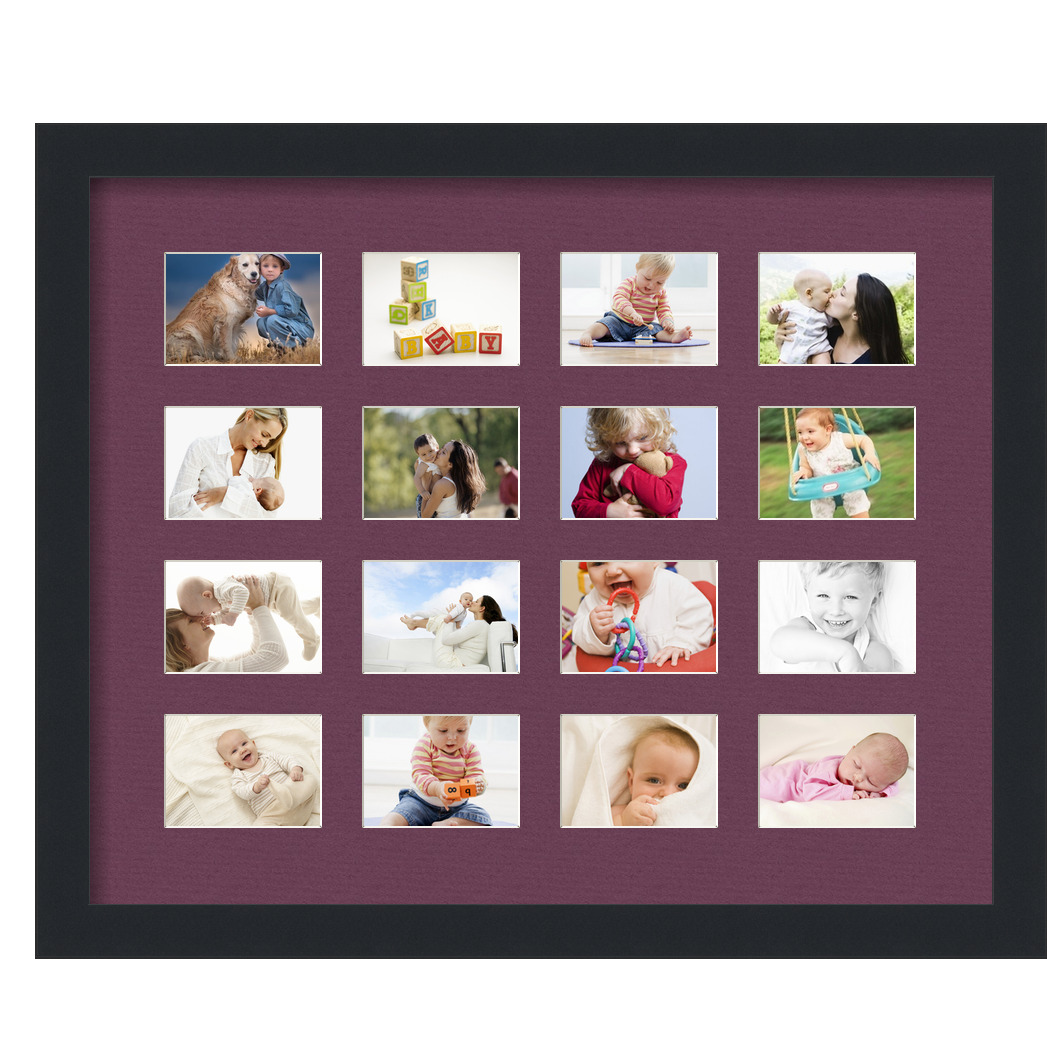 Collage Picture Frame, Satin Black Frame with 16 openings for 2.5x3.5 photos with Red Ruby Mat. D3926FW1056, ArtToframes