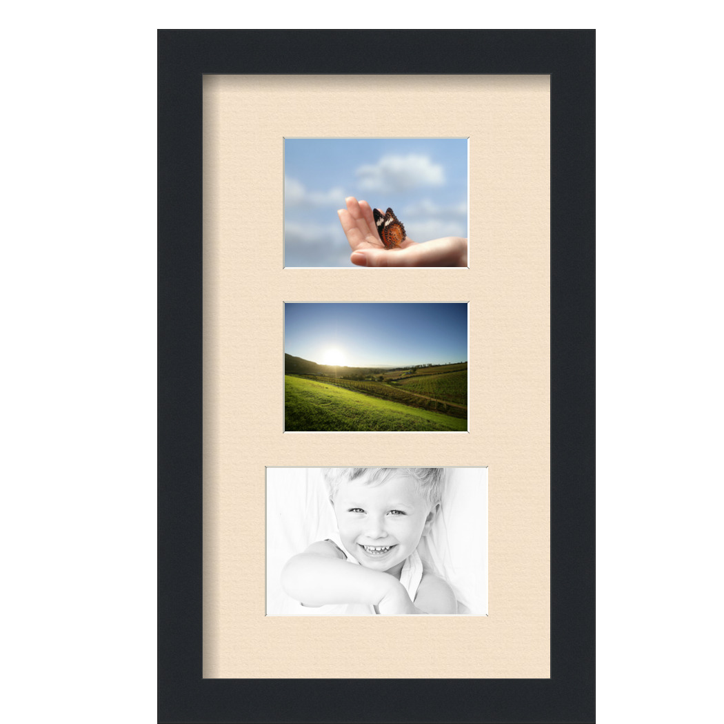 Collage Picture Frame, Satin Black Frame with 3 openings for 4x6 photos with Ivory French Creme Mat. D3926DF1058, ArtToframes