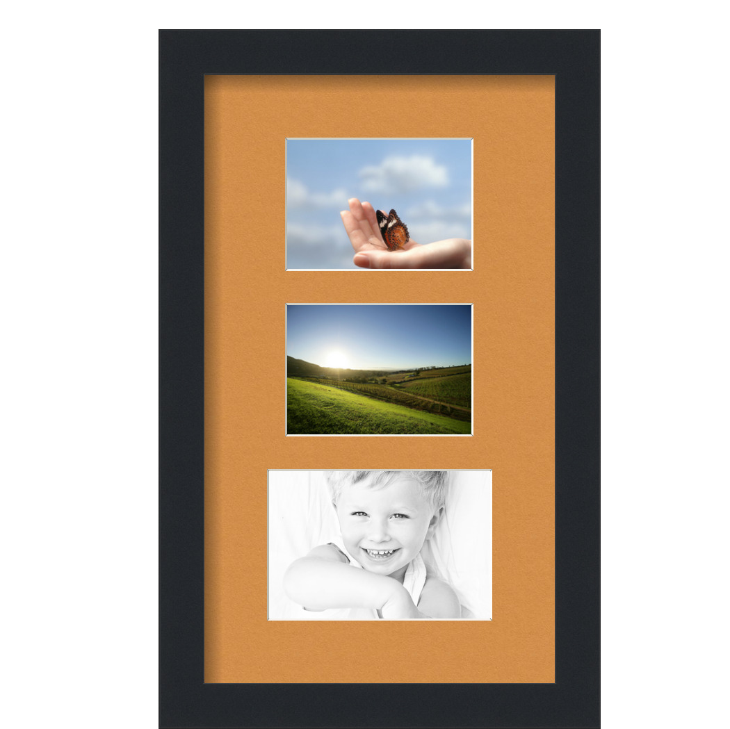 Collage Picture Frame, Satin Black Frame with 3 openings for 4x6 photos with Yellow Amber Mat. D3926CH1058, ArtToframes