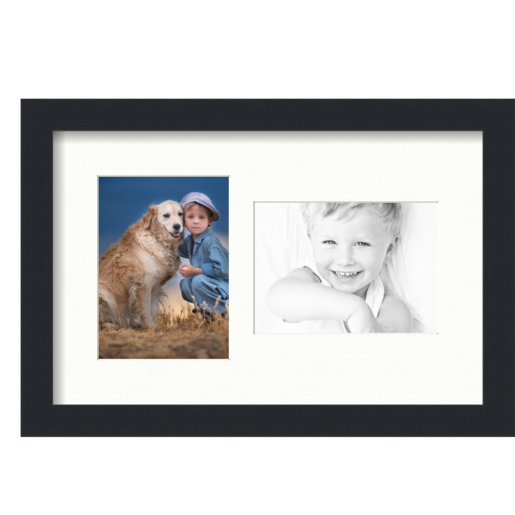 Collage Picture Frame, Satin Black Frame with 2 openings for 5x7 photos with Fabric White Mat. D3926EK106, ArtToframes