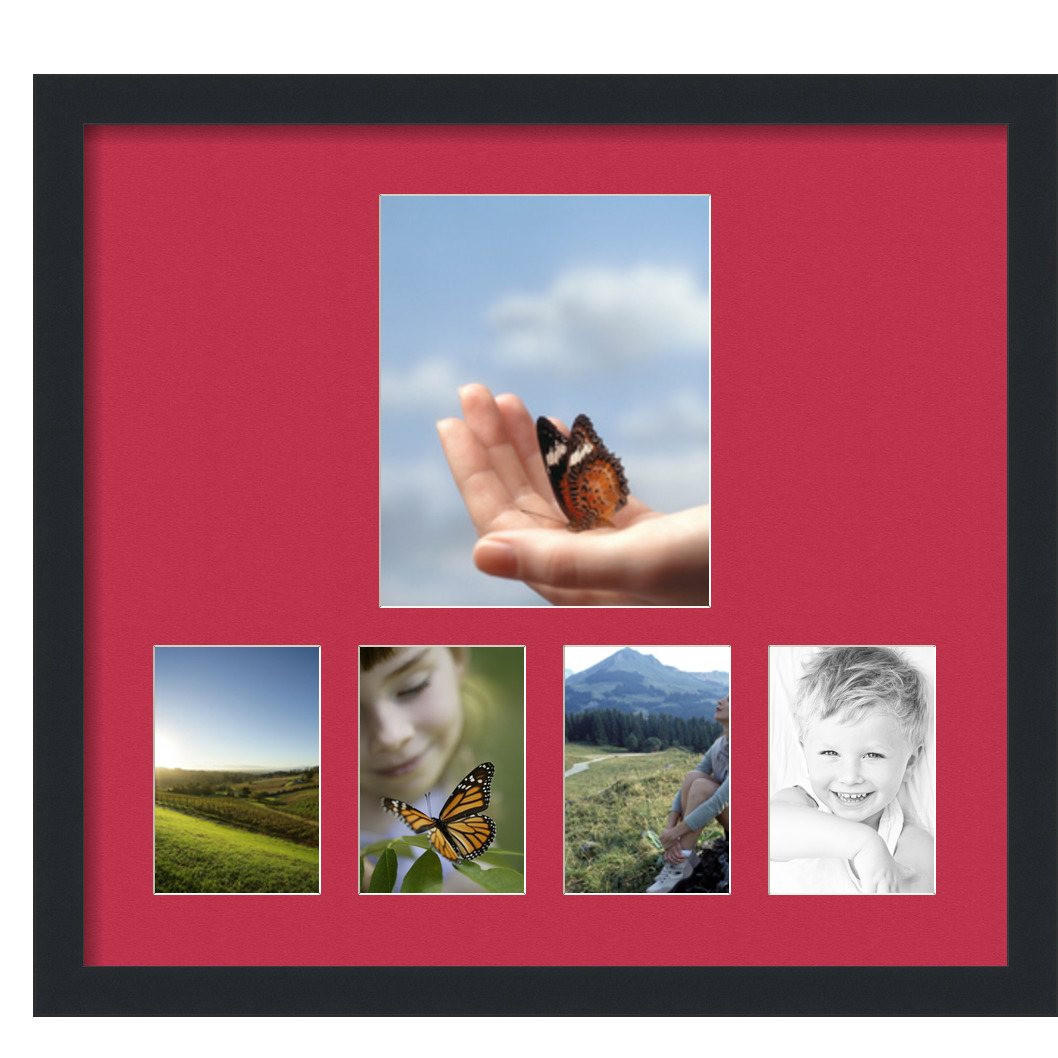 Collage Picture Frame, Satin Black Frame with 5 openings for 8x10 photos with Red Rouge Mat. D3926CS1072, ArtToframes