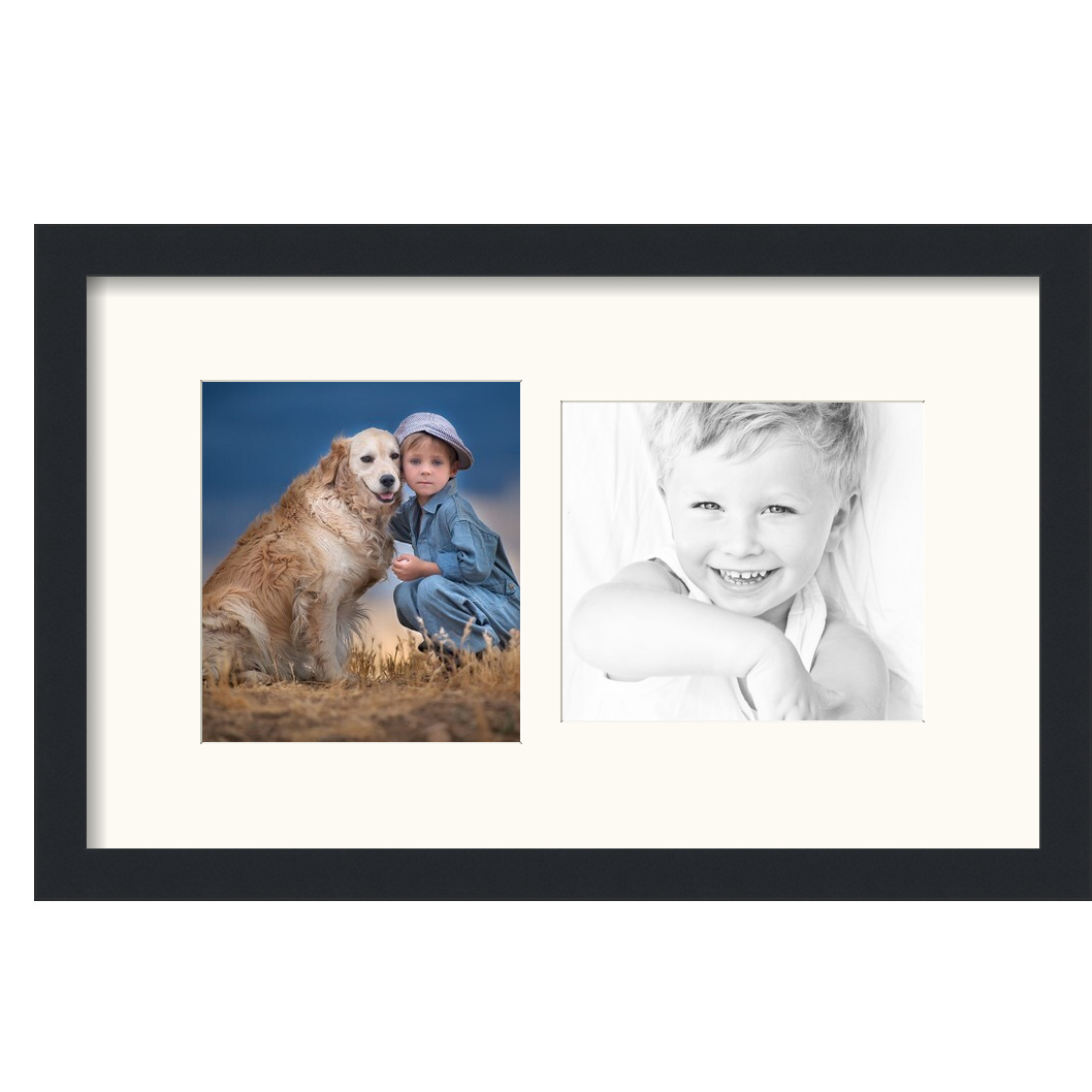 Collage Picture Frame, Satin Black Frame with 2 openings for 7.5x8.5 photos with White Mat. D3926IG108, ArtToframes