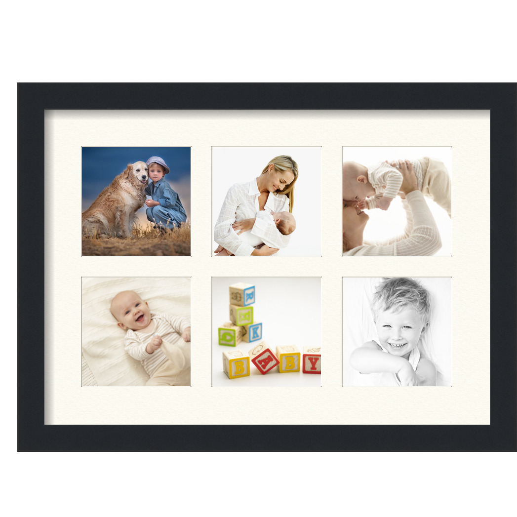 Collage Picture Frame, Satin Black Frame with 6 openings for 5x5 photos with Ivory Chantilly Mat. D3926EN1096, ArtToframes