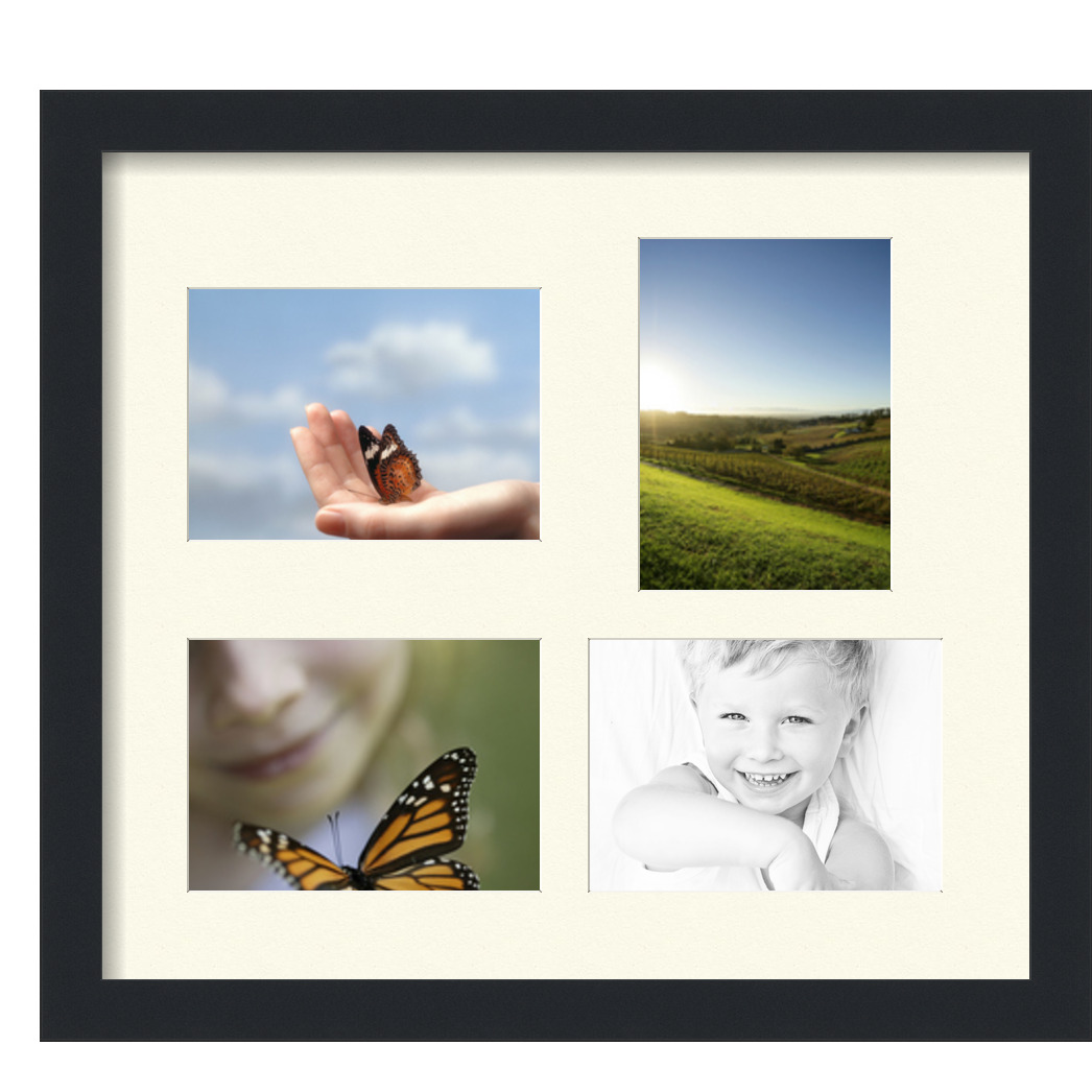 Collage Picture Frame, Satin Black Frame with 4 openings for 5x7 photos with Brilliant White Mat. D3926EM1117, ArtToframes