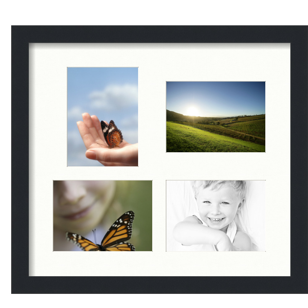Collage Picture Frame, Satin Black Frame with 4 openings for 5x7 photos with Fabric White Mat. D3926EK1118, ArtToframes