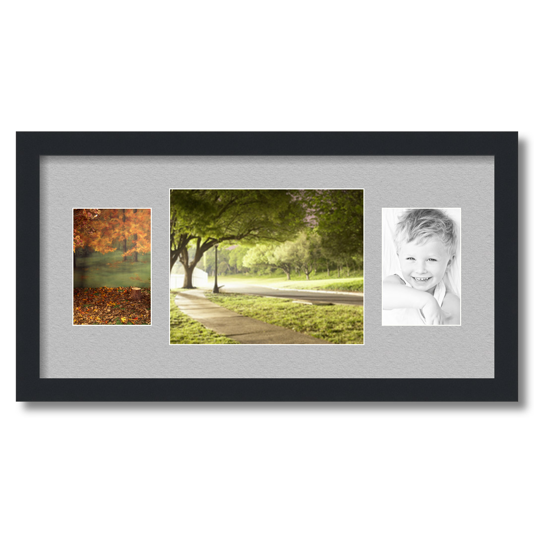 Collage Picture Frame, Satin Black Frame with 3 openings for 8x10 photos with TV Grey Mat. D3926ET112, ArtToframes