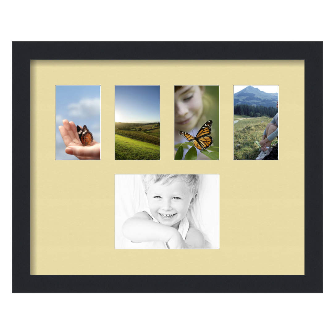 Collage Picture Frame, Satin Black Frame with 5 openings for 5x7 photos with Ivory Buttercup Mat. D3926GD1124, ArtToframes
