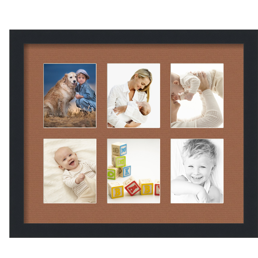 Collage Picture Frame, Satin Black Frame with 6 openings for 4.5x5.5 photos with Brown Paloma Mat. D3926EA1126, ArtToframes