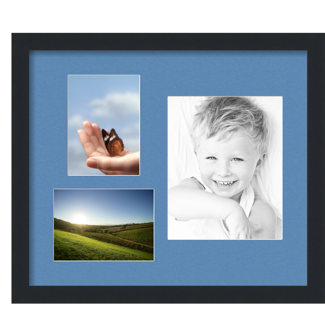 Collage Picture Frame, Satin Black Frame with 3 openings for 8x10 photos with Liberty Blue Mat. D3926FG1127, ArtToframes