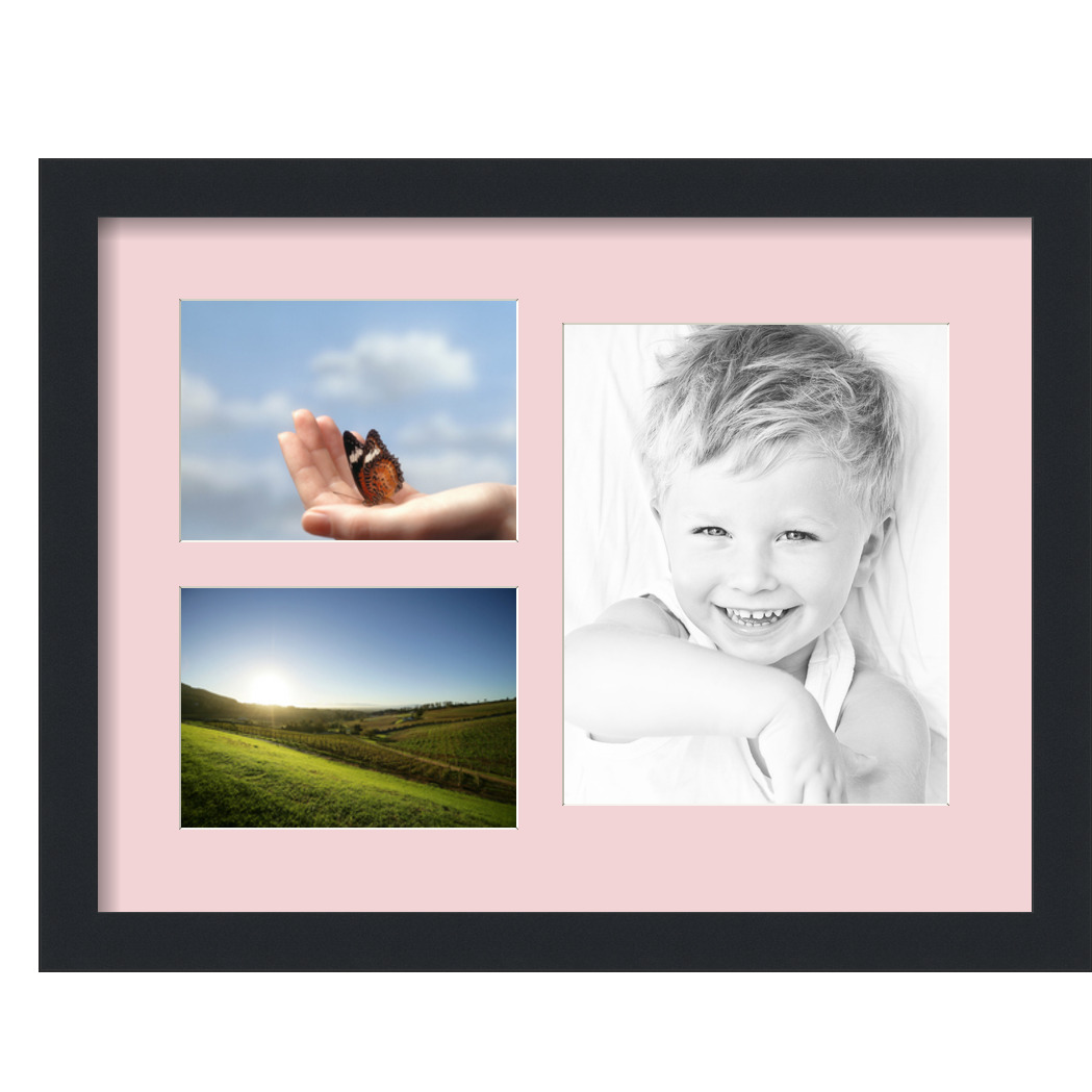 Collage Picture Frame, Satin Black Frame with 3 openings for 8x10 photos with Pink Hollyhock Mat. D3926HS1128, ArtToframes
