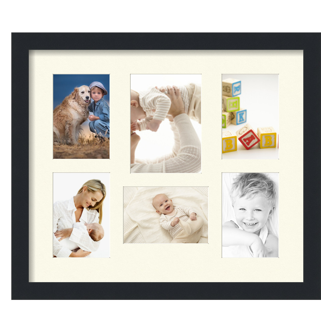 Collage Picture Frame, Satin Black Frame with 6 openings for 5x7 photos with Brilliant White Mat. D3926EM1135, ArtToframes