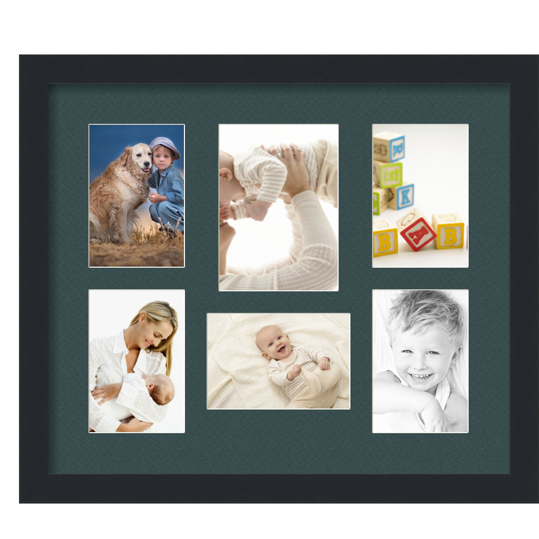 Collage Picture Frame, Satin Black Frame with 6 openings for 5x7 photos with Green Evergreen Mat. D3926HF1135, ArtToframes