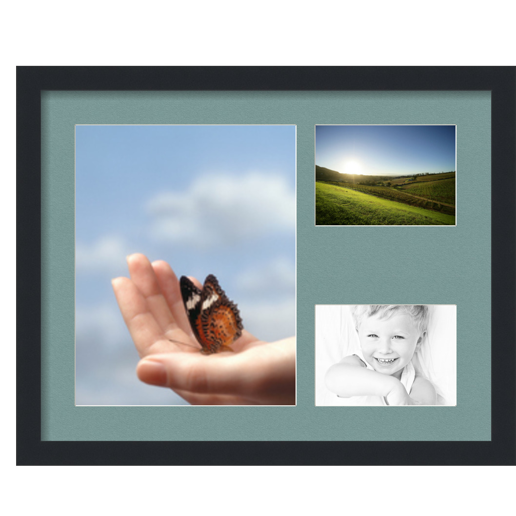 Collage Picture Frame, Satin Black Frame with 3 openings for 11x14 photos with Nile Green Mat. D3926HA1139, ArtToframes