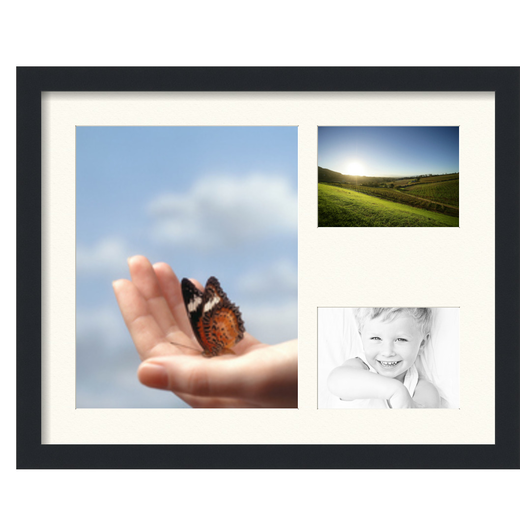 Collage Picture Frame, Satin Black Frame with 3 openings for 11x14 photos with Ivory Chantilly Mat. D3926EN1139, ArtToframes