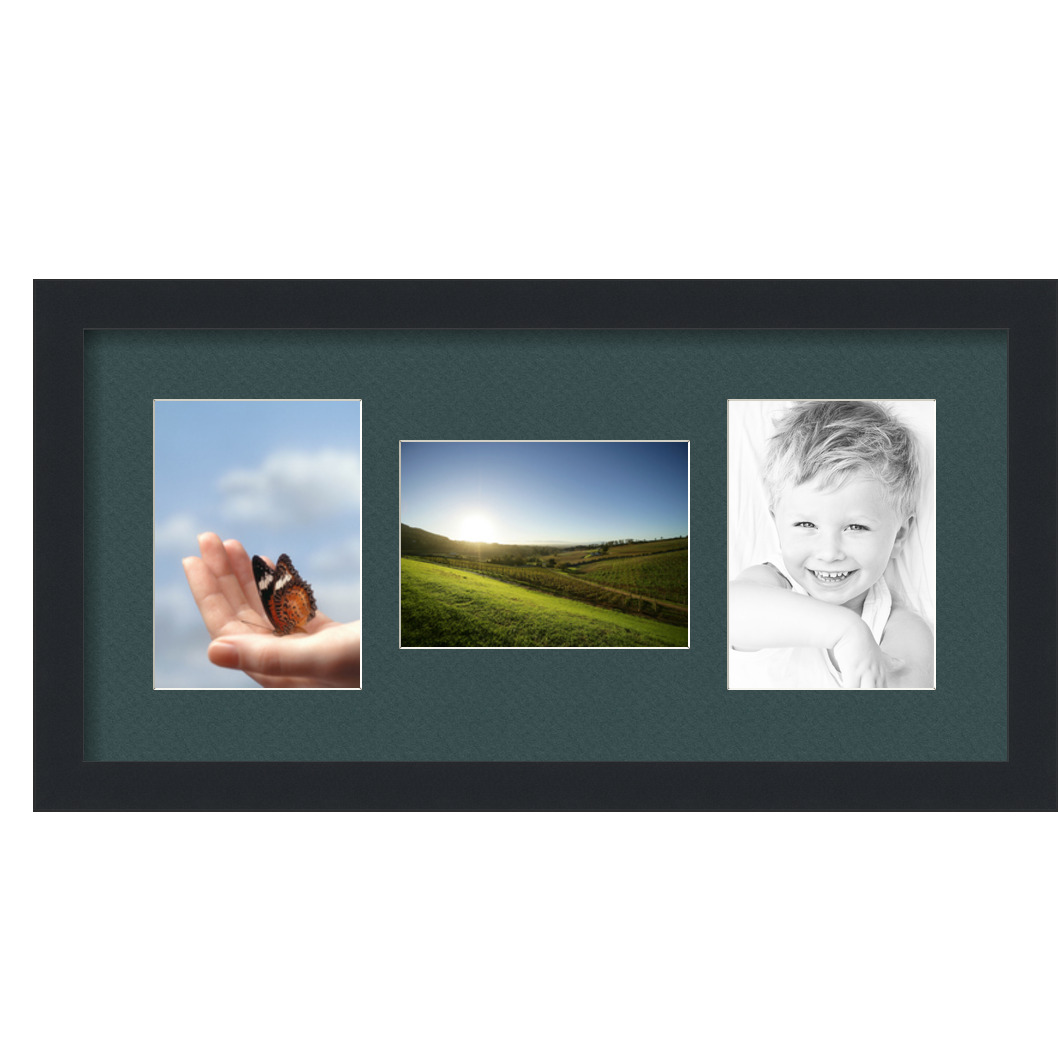 Collage Picture Frame, Satin Black Frame with 3 openings for 5x7 photos with Green Evergreen Mat. D3926HF114, ArtToframes