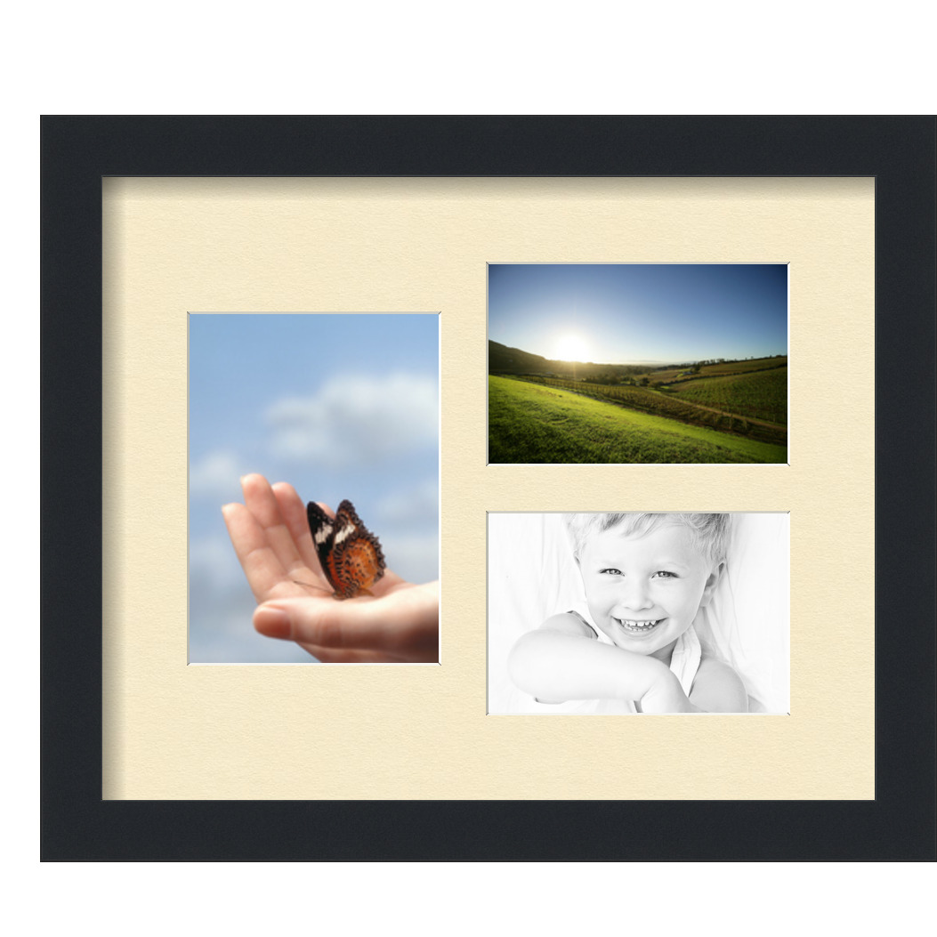 Collage Picture Frame, Satin Black Frame with 3 openings for 5x7 photos with Ivory Cream Mat. D3926GA1147, ArtToframes