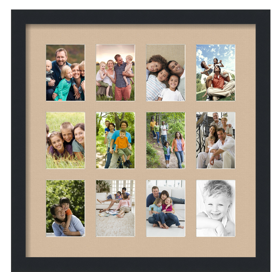 Collage Picture Frame, Satin Black Frame with 12 openings for 3.25x4.75 photos with Pink Scotch Mist Mat. D3926DG1156, ArtToframes
