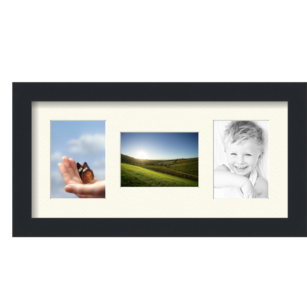 Collage Picture Frame, Satin Black Frame with 3 openings for 3.5x5 photos with Ivory Off White Mat. D3926FZ116, ArtToframes