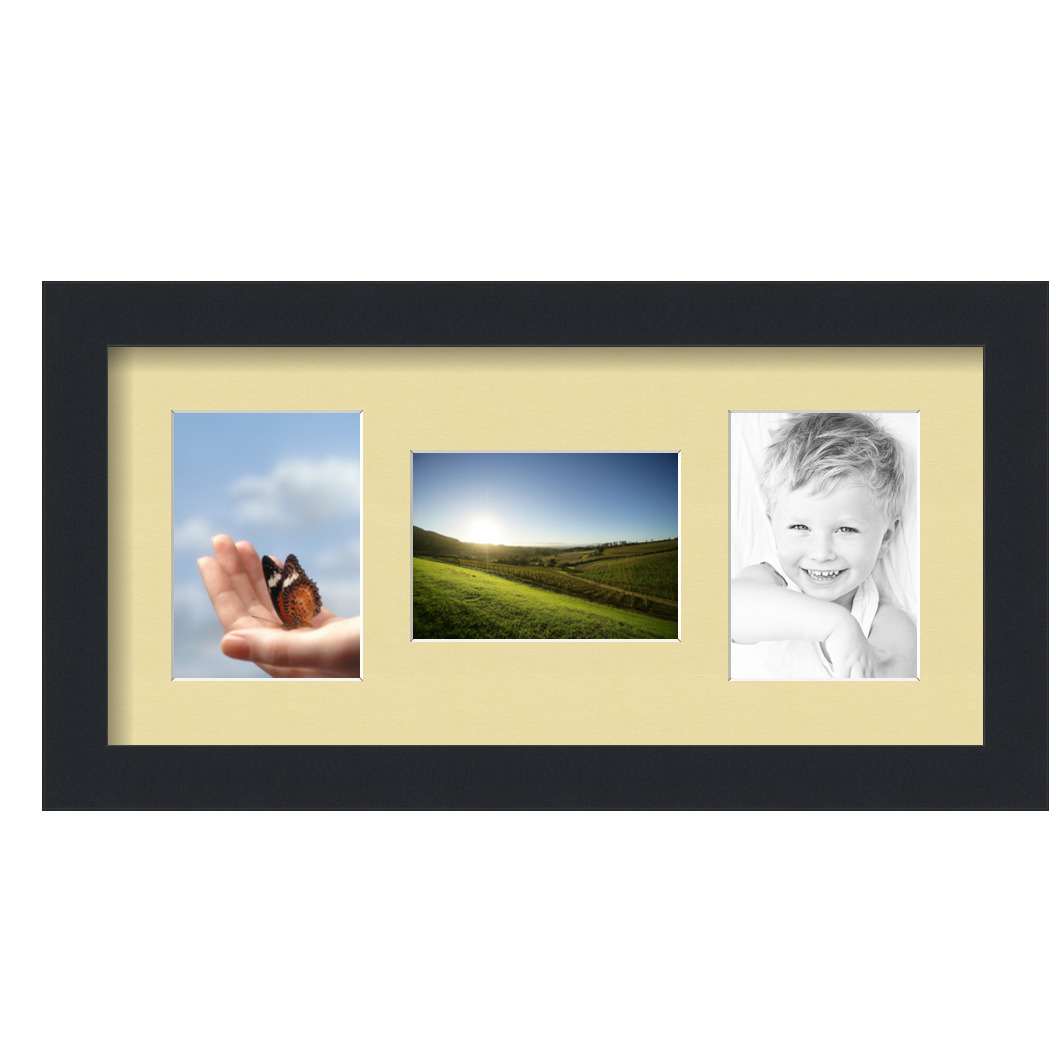Collage Picture Frame, Satin Black Frame with 3 openings for 3.5x5 photos with Ivory Buttercup Mat. D3926GD116, ArtToframes