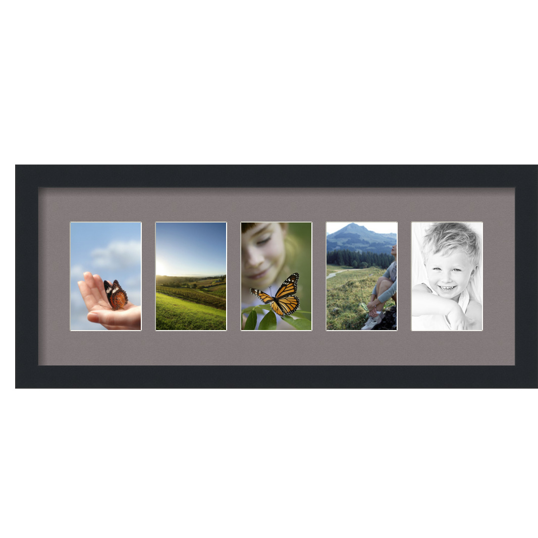 Collage Picture Frame, Satin Black Frame with 5 openings for 3.75x5.75 photos with Grey Pewter Mat. D3926GG1183, ArtToframes