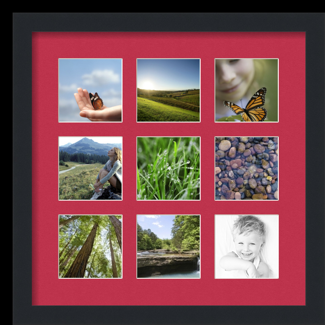 Collage Picture Frame, Satin Black Frame with 9 openings for 4x4 photos with Red Rouge Mat. D3926CS1187, ArtToframes
