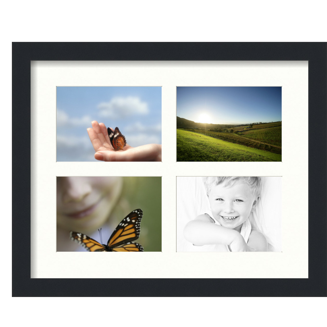 Collage Picture Frame, Satin Black Frame with 4 openings for 5x7 photos with White Porcelain Mat. D3926EL12, ArtToframes