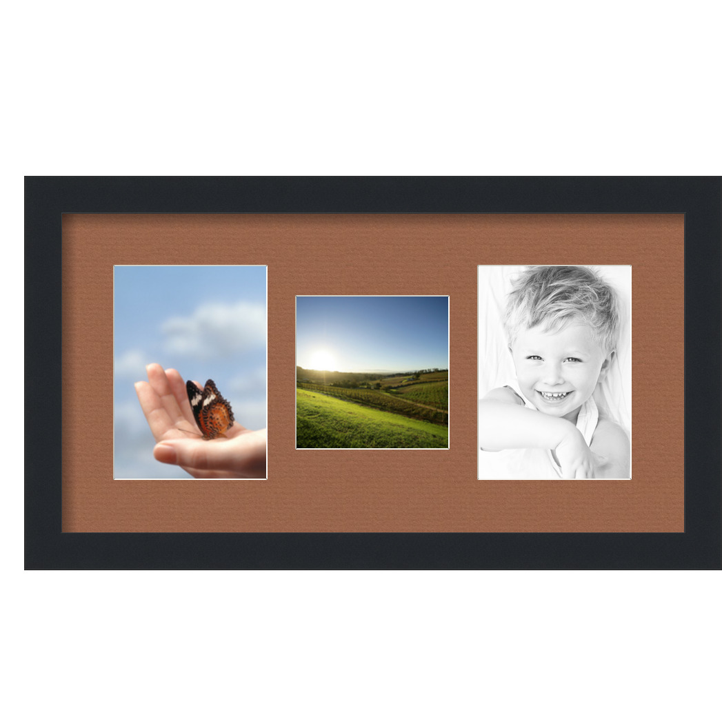 Collage Picture Frame, Satin Black Frame with 3 openings for 5x7 photos with Brown Paloma Mat. D3926EA120, ArtToframes