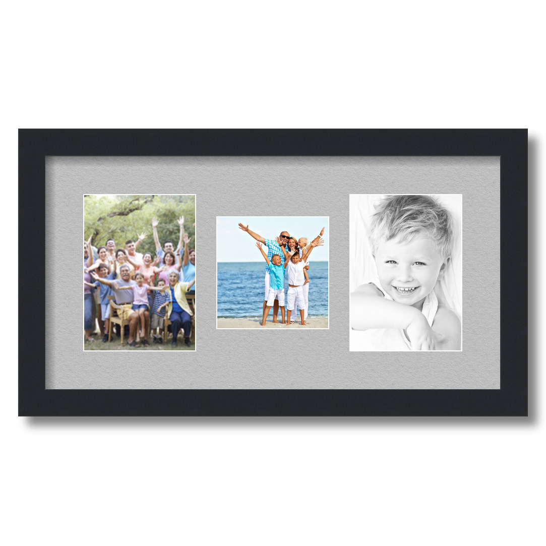 Collage Picture Frame, Satin Black Frame with 3 openings for 5x7 photos with TV Grey Mat. D3926ET120, ArtToframes
