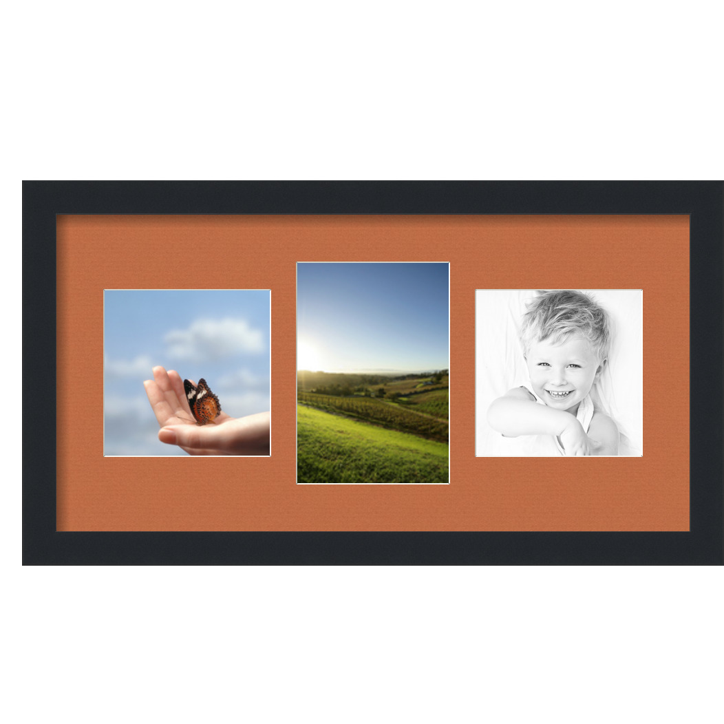 Collage Picture Frame, Satin Black Frame with 3 openings for 6x6 photos with Red Orange Mat. D3926DB1217, ArtToframes
