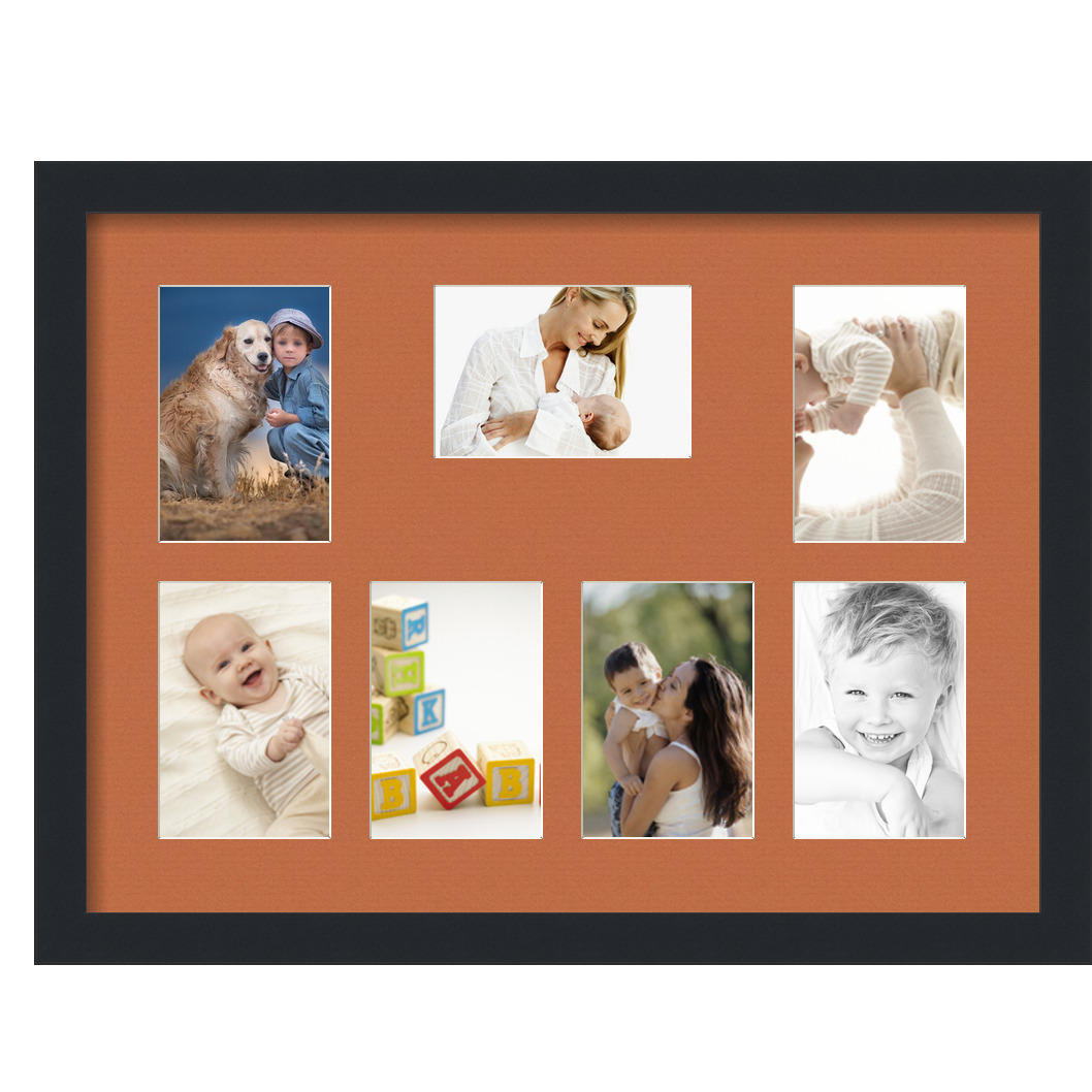 Collage Picture Frame, Satin Black Frame with 7 openings for 4x6 photos with Red Orange Mat. D3926DB1230, ArtToframes