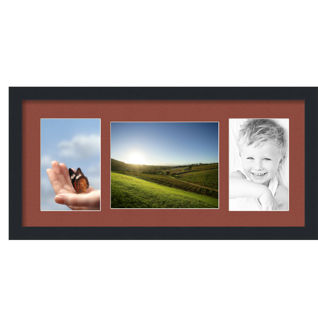 Collage Picture Frame, Satin Black Frame with 3 openings for 8x10 photos with Brown Cognac Mat. D3926DK124, ArtToframes