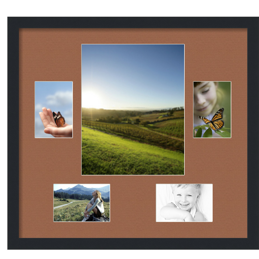 Collage Picture Frame, Satin Black Frame with 5 openings for 11x14 photos with Brown Paloma Mat. D3926EA126, ArtToframes