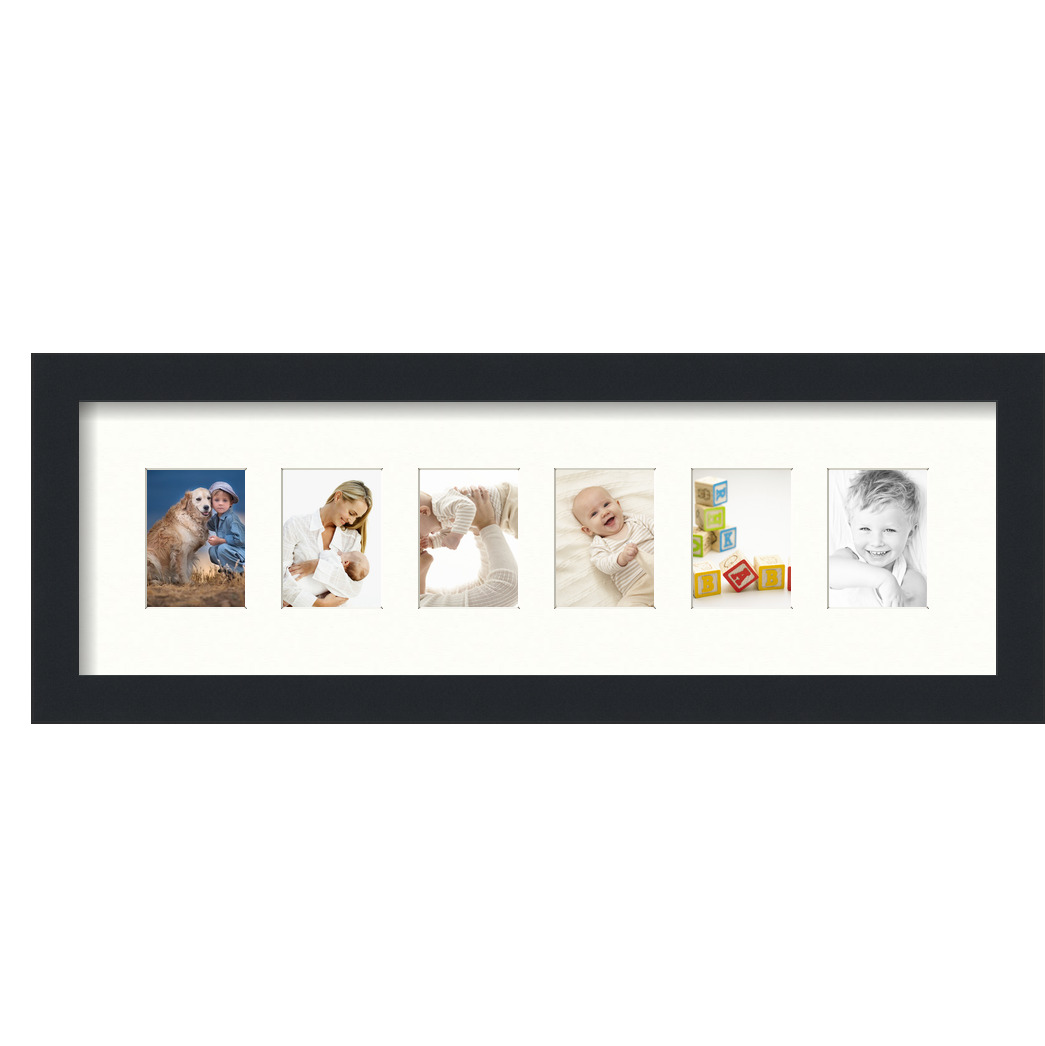 Collage Picture Frame, Satin Black Frame with 6 openings for 2.5x3.5 photos with White Porcelain Mat. D3926EL1262, ArtToframes