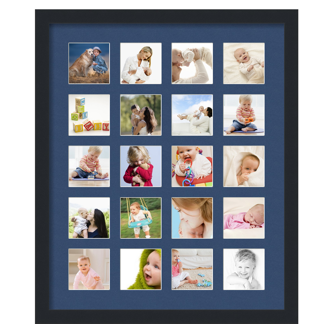 Collage Picture Frame, Satin Black Frame with 20 openings for 3.5x3.5 photos with Delft Blue Mat. D3926FI1273, ArtToframes