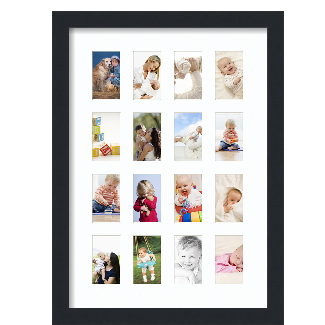 Collage Picture Frame, Satin Black Frame with 16 openings for 2x3.5 photos with Super White Mat. D3926T1278, ArtToframes