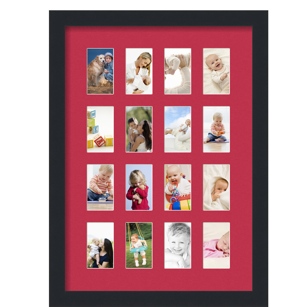 Collage Picture Frame, Satin Black Frame with 16 openings for 2x3.5 photos with Red Rouge Mat. D3926CS1278, ArtToframes