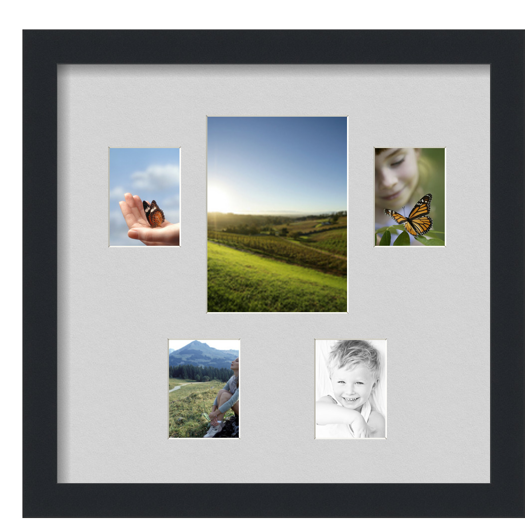 Collage Picture Frame, Satin Black Frame with 5 openings for 5x7 photos with Grey Candlewick Mat. D3926EP128, ArtToframes