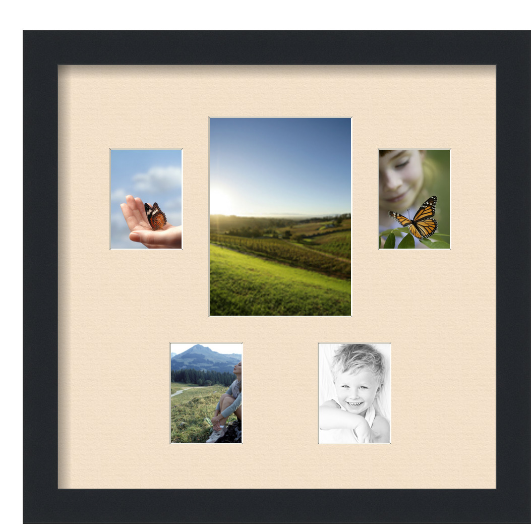 Collage Picture Frame, Satin Black Frame with 5 openings for 5x7 photos with Ivory French Creme Mat. D3926DF128, ArtToframes