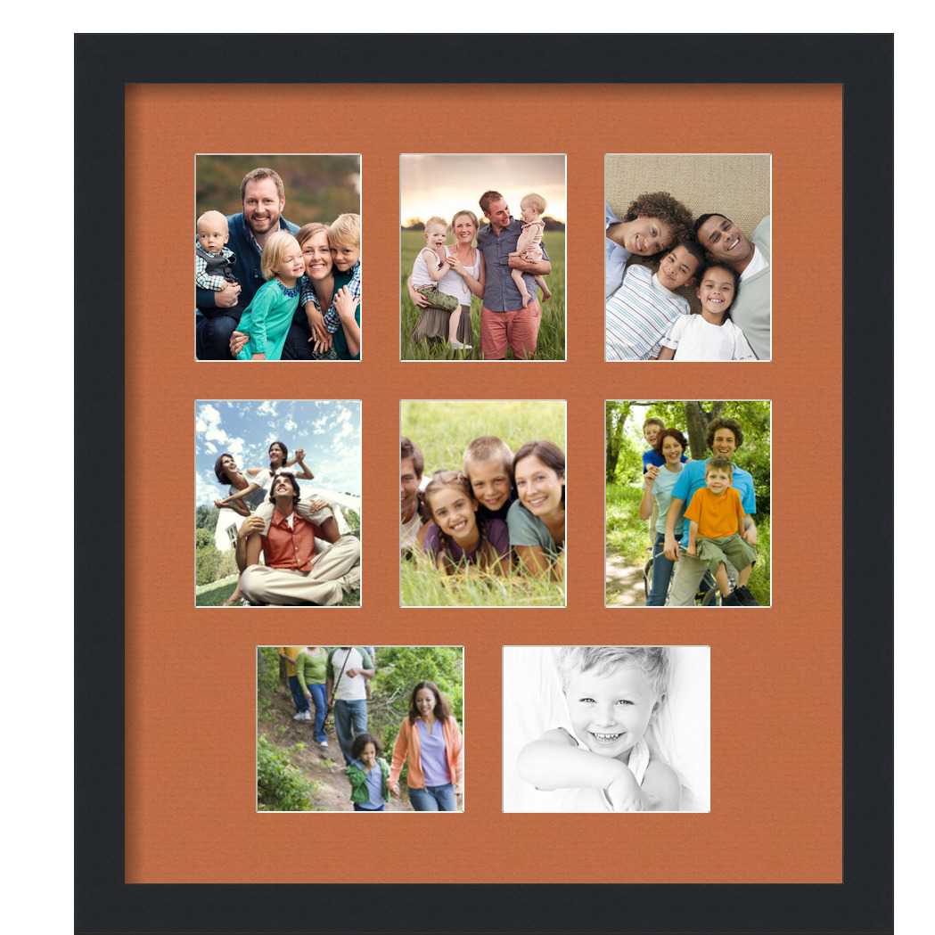 Collage Picture Frame, Satin Black Frame with 8 openings for 4x5 photos with Red Orange Mat. D3926DB1289, ArtToframes