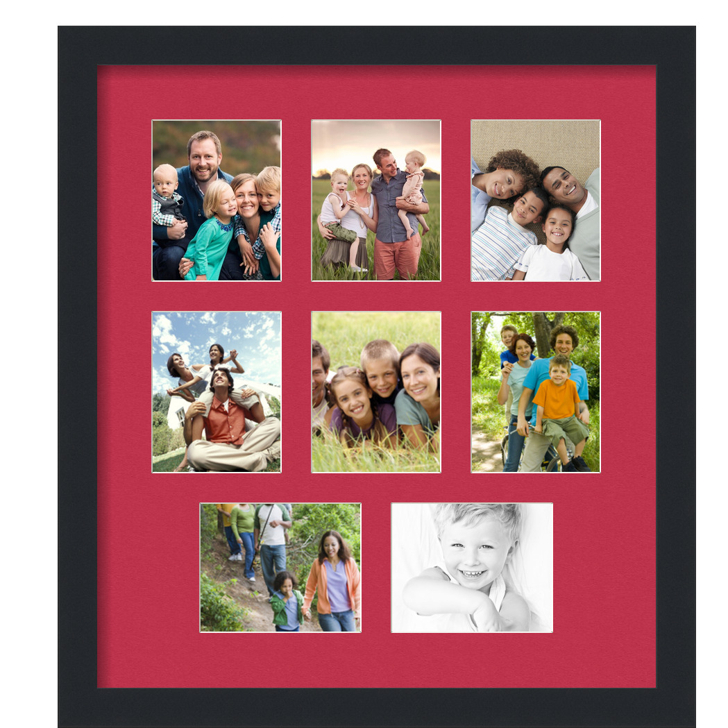 Collage Picture Frame, Satin Black Frame with 8 openings for 4x5 photos with Red Rouge Mat. D3926CS1289, ArtToframes