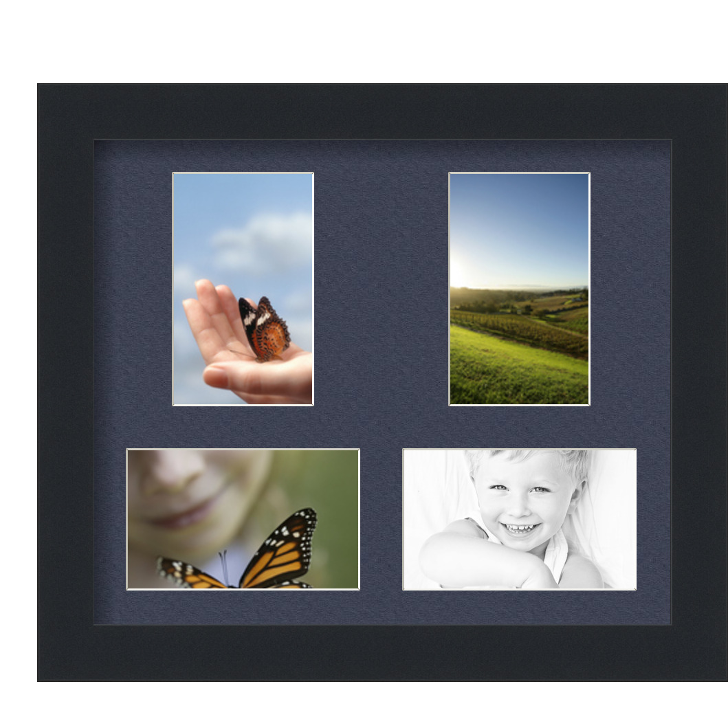 Collage Picture Frame, Satin Black Frame with 4 openings for 3x5 photos with Blue Jay Mat. D3926FL132, ArtToframes