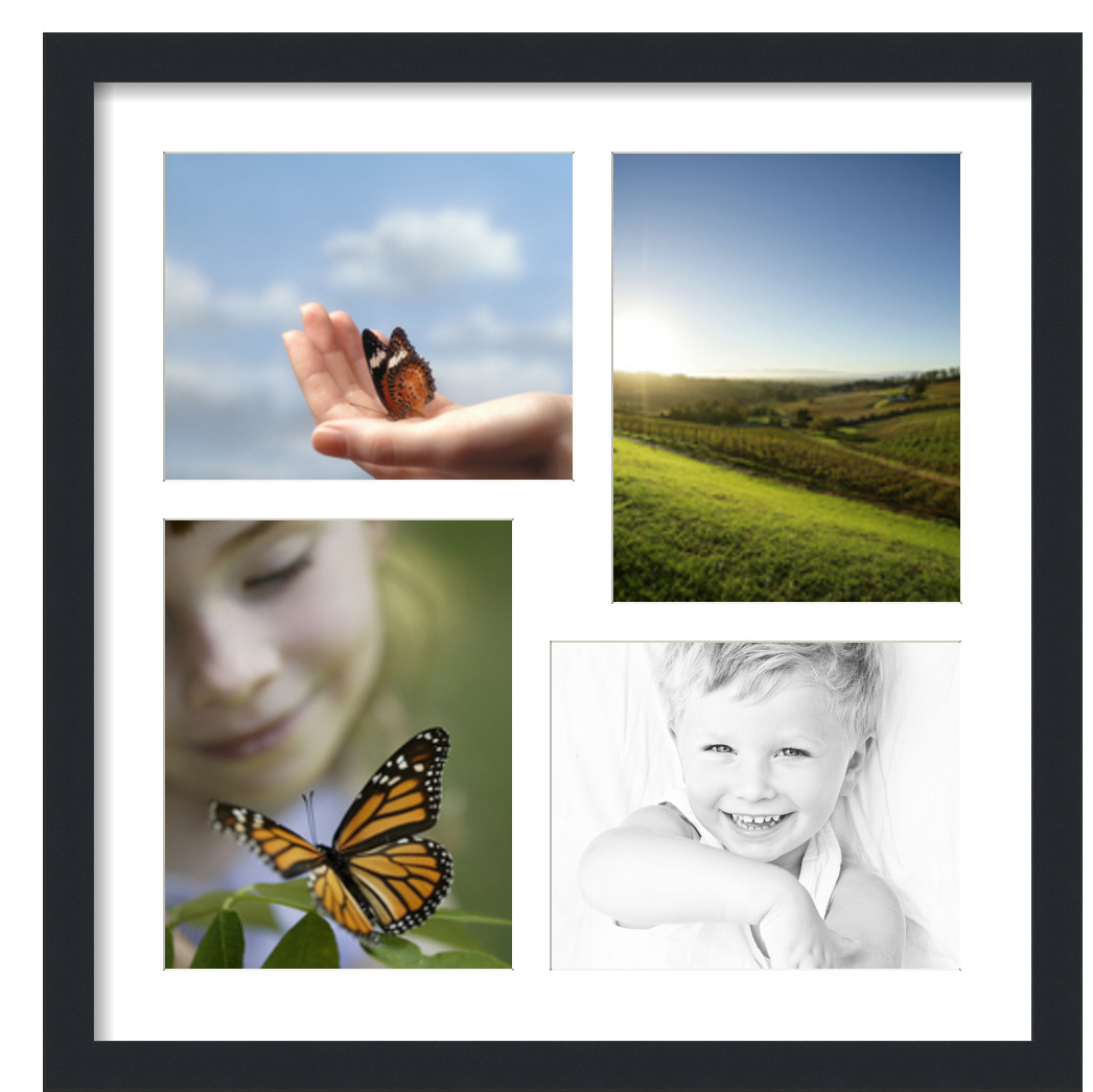 Collage Picture Frame, Satin Black Frame with 4 openings for 8x10 photos with White Crisp Mat. D3926IK1324, ArtToframes